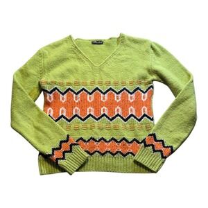 Sasvetica Byer‎ Too Green & Orange Geometric Knit Sweater V-Neck 15" Chest